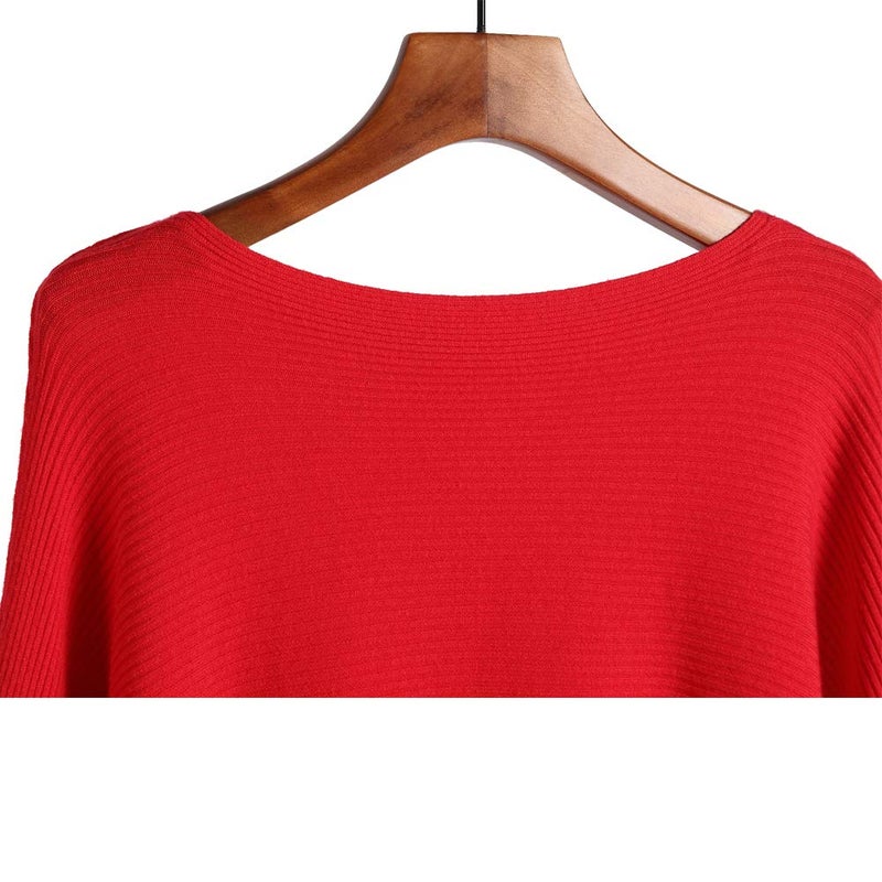 Ckikiou Womens Lightweight Oversized Boat Neck Sweaters Tops Dolman Batwing Sleeve Ribbed Knitted Pullovers Bright Red - Image 2